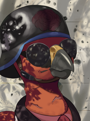 Size: 2340x3150 | Tagged: safe, artist:fly over, oc, griffon, equestria at war mod, angry, bullet hole, clothes, glasses, helmet, high res, injured, looking down, male, necktie, suit, sunglasses, uniform, wall