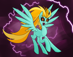 Size: 2640x2033 | Tagged: safe, artist:moonatik, lightning dust, pegasus, pony, g4, abstract background, cloud, corrupted, evil, evil smile, female, grin, high res, lightning, long hair, mare, smiling, solo, spread wings, wings