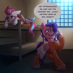 Size: 2577x2577 | Tagged: safe, artist:grumpimoon, pipp petals, zipp storm, pegasus, pony, g5, bed, bound wings, bunk bed, cellphone, chains, clothes, commissioner:rainbowdash69, crying, drama queen pipp, duo, female, hey pippsqueaks, high res, jumpsuit, makeup, mare, never doubt rainbowdash69's involvement, phone, prison outfit, prisoner pipp, prisoner zipp, royal sisters (g5), siblings, sisters, smartphone, speech bubble, wings
