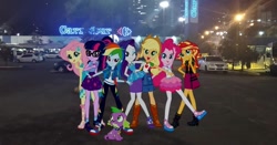 Size: 1080x565 | Tagged: safe, artist:tom artista, applejack, fluttershy, pinkie pie, rainbow dash, rarity, sci-twi, spike, sunset shimmer, twilight sparkle, human, equestria girls, g4, brazil, carrefour, city, clothes, humane five, humane seven, humane six, legs, light, night, parking, skirt