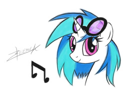 Size: 828x601 | Tagged: safe, artist:xeirla, dj pon-3, vinyl scratch, pony, unicorn, g4, bust, female, looking at you, mare, signature, simple background, solo, sunglasses, white background