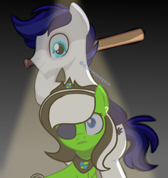 Size: 2197x2331 | Tagged: safe, artist:rumblemlpatarster, oc, pegasus, pony, baseball bat, dangerous, eyepatch, female, high res, imminent murder, male, shocked, straight, watermark