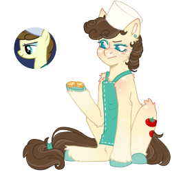 Size: 1000x1000 | Tagged: safe, artist:kazmuun, roma, earth pony, pony, series:kazmuun's drawing every pony, g4, alternate design, apron, bits, clothes, colored eyelashes, colored hooves, colored pinnae, ear piercing, earring, elbow fluff, eyeshadow, female, freckles, gradient ears, hat, hooves, jewelry, makeup, mare, no pupils, piercing, redesign, screencap reference, shoulder freckles, simple background, sitting, solo, teal eyelashes, transparent background, unshorn fetlocks