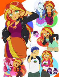 Size: 1851x2408 | Tagged: safe, alternate version, artist:ameame_trine, flash sentry, pinkie pie, sci-twi, sunset shimmer, trixie, twilight sparkle, human, equestria girls, equestria girls series, forgotten friendship, friendship games, g4, legend of everfree, my little pony equestria girls, sunset's backstage pass!, spoiler:eqg series (season 2), arms in the air, bare shoulders, choker, clothes, cravat, female, geode of empathy, geode of sugar bombs, hands in the air, hoodie, jacket, leather, leather jacket, legs, lipstick, magical geodes, male, nail polish, one eye closed, sad, shirt, shorts, skirt, sleeveless, sleeveless shirt, speech bubble, sweat, sweatdrop, t-shirt, tank top, teary eyes, wink