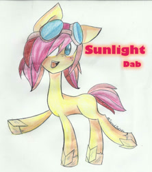 Size: 842x950 | Tagged: safe, artist:xxspeedboltxx, oc, oc:sunlight dab, earth pony, pony, adult blank flank, blank flank, blushing, earth pony oc, female, freckles, glass slipper (footwear), goggles, mare, smiling, solo, traditional art