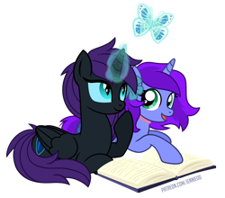 Size: 1000x881 | Tagged: safe, artist:jennieoo, oc, oc only, oc:aliss, oc:nyx, alicorn, pony, unicorn, book, duo, glowing, glowing horn, horn, magic, patreon, patreon reward, show accurate, simple background, teenager, transparent background, vector