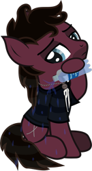 Size: 623x1153 | Tagged: safe, artist:lightningbolt, derpibooru exclusive, earth pony, pony, g4, .svg available, bring me the horizon, clothes, colored pupils, disguise, disguised seapony, dripping, facial hair, jewelry, jordan fish, lidded eyes, male, necklace, ponified, pouring, shirt, show accurate, simple background, sitting, solo, stallion, svg, t-shirt, transparent background, vector, water, water bottle, wet, wet clothes, wet shirt