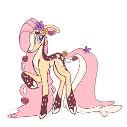 Size: 1000x1000 | Tagged: safe, artist:sugvr_alien, fluttershy, deer, g4, alternate design, cloven hooves, deerified, flower, flower in hair, flower in tail, flower on ear, flutterdeer, raised hoof, redesign, simple background, solo, species swap, tail, white background