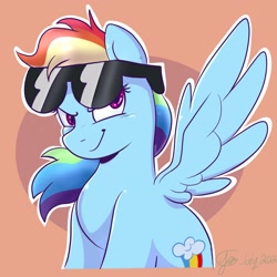 Size: 2842x2842 | Tagged: safe, artist:flutterpawss, rainbow dash, pegasus, pony, g4, backwards cutie mark, crooked glasses, evil smirk, faic, female, high res, looking at you, mare, smiling, smirk, smug, smugdash, solo, spread wings, sunglasses, wings