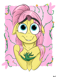 Size: 1280x1720 | Tagged: safe, artist:rapid9, fluttershy, pony, g4, adult, bust, eye clipping through hair, female, floppy ears, flower, mare, smiling, solo