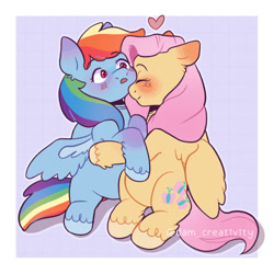 Size: 540x540 | Tagged: safe, artist:dam-creativity, fluttershy, rainbow dash, pegasus, pony, g4, abstract background, blushing, eyebrows, eyebrows visible through hair, eyes closed, female, folded wings, heart, holding hooves, hug, lesbian, nuzzling, ship:flutterdash, shipping, sitting, smiling, snuggling, surprised, unshorn fetlocks, wings