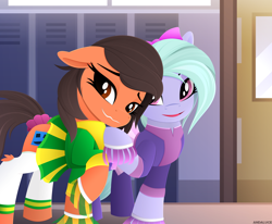 Size: 2854x2346 | Tagged: safe, artist:andaluce, flitter, oc, oc:robertapuddin, earth pony, pony, g4, bow, cheerleader, cheerleader outfit, clothes, cute, duo, female, hair bow, high res, lineless, locker room, mare, smiling, socks