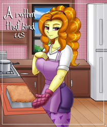 Size: 1600x1900 | Tagged: safe, artist:zachc, adagio dazzle, human, fanfic:a rhythm that bind us, equestria girls, g4, apron, clothes, commission, fanfic, fanfic art, fanfic cover, female, hand on chest, housewife, kitchen, looking at you, misspelling, oven mitts, refrigerator, solo
