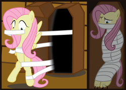 Size: 8192x5888 | Tagged: safe, artist:cardshark777, fluttershy, pegasus, pony, g4, 2 panel comic, bandage, bondage, bound and gagged, cloth gag, coffin, comic, digital art, female, gag, helpless, hoof tickling, mare, mummification, mummified, mummy, one eye closed, solo, tickle torture, tickling, tied up, trapped, vector, wrapped up