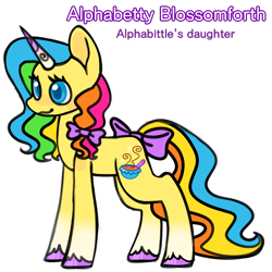 Size: 880x880 | Tagged: safe, artist:missmagicalgirl, derpibooru exclusive, alphabittle, pony, unicorn, g3, g5, bow, colored hooves, female, g3 to g5, generation leap, hair bow, multicolored hair, offspring, parent:alphabittle blossomforth, race swap, rainbow hair, simple background, solo, tail, tail bow, text, transparent background, unshorn fetlocks
