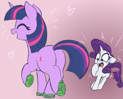 Size: 3000x2425 | Tagged: safe, artist:t72b, rarity, twilight sparkle, pony, unicorn, g4, butt, crime against fashion, crocs, cute, duo, eyes closed, female, gradient background, happy, high res, hoof over mouth, horrified, mare, open mouth, plot, the worst possible thing, twibutt, twilight crockle, unicorn twilight