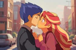 Size: 3768x2512 | Tagged: safe, artist:aokushan, flash sentry, sunset shimmer, human, equestria girls, g4, car, duo, female, high res, kiss on the lips, kissing, male, ship:flashimmer, shipping, straight