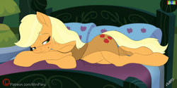 Size: 2715x1357 | Tagged: safe, artist:marmelmm, artist:miniferu, applejack, earth pony, pony, g4, applejack's bedroom, bed, bedroom, bedroom eyes, blushing, clothes, colored, cute, female, hatless, heart, heart eyes, lingerie, looking at you, lying down, mare, missing accessory, nightgown, on bed, prone, see-through, smiling, solo, wingding eyes