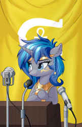 Size: 2232x3450 | Tagged: safe, artist:qwq2233, oc, oc only, oc:cork, pony, unicorn, equestria at war mod, clothes, cute, egyptian, female, gray coat, high res, long mane, mare, microphone, solo, speaker, speech, talking