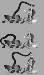 Size: 1920x3240 | Tagged: safe, artist:pika-robo, fhtng th§ ¿nsp§kbl, oleander (tfh), classical unicorn, demon, pony, unicorn, them's fightin' herds, 3 panel comic, 3d, book, cloven hooves, comic, community related, donut, female, food, grayscale, horn, leonine tail, monochrome, oleander is not amused, source filmmaker, tentacles, tfh moods, the uses of unicorn horns, unamused, unicornomicon, unshorn fetlocks