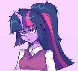 Size: 874x792 | Tagged: safe, alternate version, artist:drizzlingprince, twilight sparkle, unicorn, anthro, g4, bust, clothes, female, lidded eyes, purple background, simple background, solo, unicorn twilight