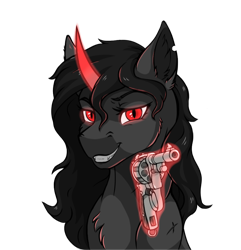 Size: 878x911 | Tagged: safe, artist:monolith_skyline, oc, oc:shade starlight, pony, unicorn, g4, evil, gun, lidded eyes, magic, male, simple background, smiling, stallion, transparent background, weapon