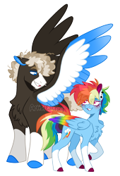 Size: 1776x2617 | Tagged: safe, artist:artistcoolpony, dumbbell, rainbow dash, pegasus, pony, g4, alternate design, blushing, chest fluff, coat markings, colored hooves, colored wings, dumbdash, duo, female, larger male, male, mare, multicolored wings, rainbow wings, shipping, simple background, size difference, smaller female, socks (coat markings), stallion, straight, transparent background, wings