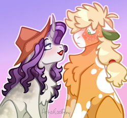 Size: 1000x930 | Tagged: safe, artist:artistcoolpony, applejack, rarity, earth pony, pony, unicorn, g4, accessory swap, applejack's hat, blushing, chest fluff, coat markings, cowboy hat, duo, female, floppy ears, gradient background, hat, lesbian, lipstick, looking at each other, looking at someone, ship:rarijack, shipping, signature