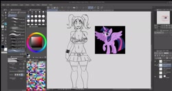 Size: 1920x1019 | Tagged: safe, artist:drizzlingprince, twilight sparkle, alicorn, human, g4, bra, clothes, duo, female, humanized, lineart, screenshots, skirt, smiling, twilight sparkle (alicorn), underwear, wip