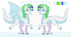 Size: 1232x649 | Tagged: safe, artist:dhabquin, oc, oc only, dracony, dragon, hybrid, pony, unicorn, claws, color palette, deviantart watermark, dragon wings, interspecies offspring, looking at you, obtrusive watermark, offspring, parent:rarity, parent:spike, parents:sparity, simple background, smiling, smiling at you, solo, spread wings, watermark, white background, wings