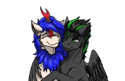 Size: 686x446 | Tagged: safe, artist:monolith_skyline, oc, oc:monolith_skyline, oc:ryuko po, kirin, pegasus, pony, eyes closed, hug, kirin oc, lidded eyes, looking at each other, looking at someone, pegasus oc, simple background, smiling, smiling at each other, spread wings, white background, winghug, wings