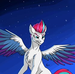 Size: 1300x1280 | Tagged: safe, artist:monolith_skyline, zipp storm, pegasus, pony, g5, angry, chest fluff, colored wings, eyebrows, female, flying, frown, lidded eyes, mare, multicolored wings, night, signature, solo, spread wings, starry night, stars, sternocleidomastoid, teeth, wings