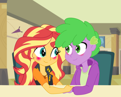 Size: 1998x1602 | Tagged: safe, artist:spike17, spike, sunset shimmer, human, equestria girls, g4, blushing, duo, duo male and female, female, human spike, humanized, male, ship:sunsetspike, shipping, smiling, straight