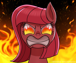 Size: 2134x1750 | Tagged: safe, artist:muhammad yunus, oc, oc only, oc:annisa trihapsari, earth pony, pony, angry, earth pony oc, female, fire, flaming eyes, furious, gritted teeth, mare, not pinkamena, rage, solo, teeth, watermark