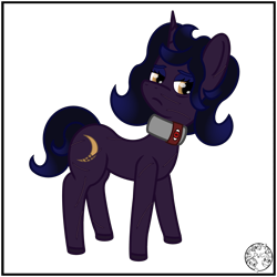 Size: 4000x4000 | Tagged: safe, artist:dice-warwick, oc, oc only, oc:gloam, pony, unicorn, blue mane, blue tail, female, mare, orange eyes, petite, purple coat, scar, simple background, slave, solo, tail, transparent background