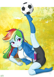 Size: 840x1200 | Tagged: safe, artist:uotapo, rainbow dash, human, equestria girls, g4, :o, clothes, compression shorts, feet, female, football, long hair, missing shoes, open mouth, partially undressed, socks, solo, sports, stocking feet, sultry pose, tomboy
