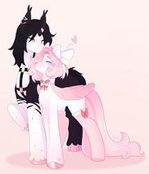 Size: 2695x3143 | Tagged: safe, artist:asusya, oc, pegasus, pony, unicorn, blushing, bowtie, clothes, female, gradient background, heart, high res, horn, legwear, love, male, mare, oc x oc, pegasus oc, shipping, smiling, stallion, stockings, straight, thigh highs, unicorn oc, unshorn fetlocks