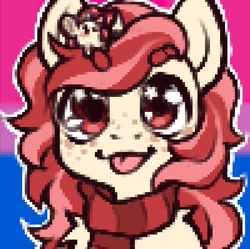 Size: 1362x1357 | Tagged: safe, artist:nokiabat, oc, oc:rat palette, oc:red palette, pony, unicorn, :p, beanbrows, bisexual pride flag, chibi, clothes, commission, curly hair, cute, eyebrows, front view, horn, pet, pixel art, pride, pride flag, scarf, solo, tongue out, unicorn oc, ych result