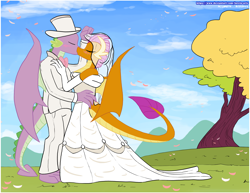 Size: 3300x2550 | Tagged: safe, artist:loreto-arts, smolder, spike, dragon, anthro, g4, clothes, dragoness, dress, female, hat, high res, kiss on the lips, kissing, leaves, male, marriage, older, older smolder, older spike, ship:spolder, shipping, straight, top hat, tree, tuxedo, wedding, wedding dress, winged spike, wings
