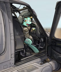 Size: 1712x2018 | Tagged: safe, artist:buckweiser, lightning dust, pegasus, pony, g4, cockpit, female, helicopter, helmet, looking at you, pilot, solo