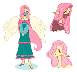 Size: 2500x2344 | Tagged: safe, artist:syrupyyy, fluttershy, human, g4, artificial wings, augmented, clothes, cute, dress, elf ears, face mask, female, hair over one eye, high res, humanized, magic, magic wings, mask, off shoulder, pony coloring, shyabetes, simple background, syrupyyy is trying to murder us, white background, wings