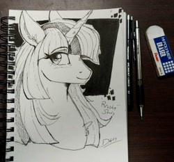 Size: 2048x1908 | Tagged: safe, artist:thelunarmoon, twilight sparkle, pony, unicorn, g4, black and white, bust, eyebrows, eyebrows visible through hair, female, grayscale, ink drawing, looking at you, mare, monochrome, smiling, smiling at you, solo, traditional art