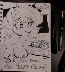 Size: 1848x2048 | Tagged: safe, artist:thelunarmoon, derpy hooves, pegasus, pony, g4, cute, derpabetes, do you know the muffin mare?, female, food, ink drawing, mare, muffin, solo, that pony sure does love muffins, thought bubble, traditional art