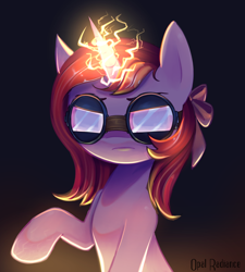 Size: 2344x2603 | Tagged: safe, artist:opal_radiance, oc, oc only, oc:cherry river, pony, unicorn, bow, electricity, eyebrows, female, frown, glowing, glowing horn, goggles, gradient background, high res, horn, magic, magic aura, mare, signature, solo, sparks, unicorn oc