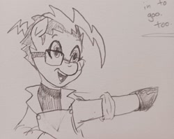 Size: 2048x1627 | Tagged: safe, artist:pony quarantine, oc, oc only, oc:dr.frakenmare, earth pony, pony, bust, clothes, female, glasses, gloves, grayscale, lab coat, mare, monochrome, open mouth, open smile, pencil drawing, pointing, smiling, solo, traditional art