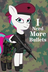 Size: 683x1020 | Tagged: safe, artist:edy_january, artist:prixy05, zipp storm, pegasus, pony, g5, my little pony: tell your tale, armor, assault rifle, barrette, body armor, call of duty, camouflage, clothes, desert eagle, gun, handgun, hat, i need more bullets, meme, military, military pony, military uniform, pistol, poster, rifle, soldier, soldier pony, solo, steyr aug, tactical pony, uniform, vector used, vest, weapon, youtube, youtube link