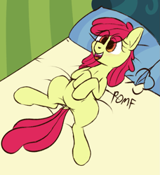 Size: 915x1005 | Tagged: safe, artist:xppp1n, apple bloom, earth pony, pony, g4, adorabloom, bed, blushing, cute, dock, eye clipping through hair, female, filly, foal, meme, missing accessory, onomatopoeia, open mouth, pillow, pomf, solo, tail, what are we gonna do on the bed?