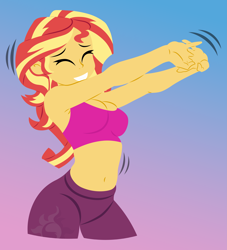 Size: 5615x6181 | Tagged: safe, artist:egor418, sunset shimmer, human, equestria girls, g4, my little pony equestria girls: better together, wake up!, wake up!: rainbow dash, absurd resolution, belly button, breasts, busty sunset shimmer, clothes, cutie mark on clothes, eyes closed, female, gradient background, grin, lineless, long hair, midriff, pants, smiling, solo, sports bra, stretching, yoga pants