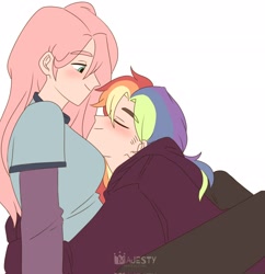 Size: 1982x2048 | Tagged: safe, artist:majestyph, fluttershy, rainbow dash, human, g4, blushing, breast pillow, cuddling, eyes closed, female, humanized, lesbian, ship:flutterdash, shipping, simple background, white background