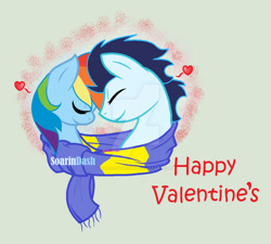 Size: 750x674 | Tagged: safe, artist:shiarathecat, rainbow dash, soarin', pegasus, pony, g4, clothes, eyes closed, female, holiday, male, mare, scarf, shared clothing, shared scarf, ship:soarindash, shipping, stallion, straight, valentine's day